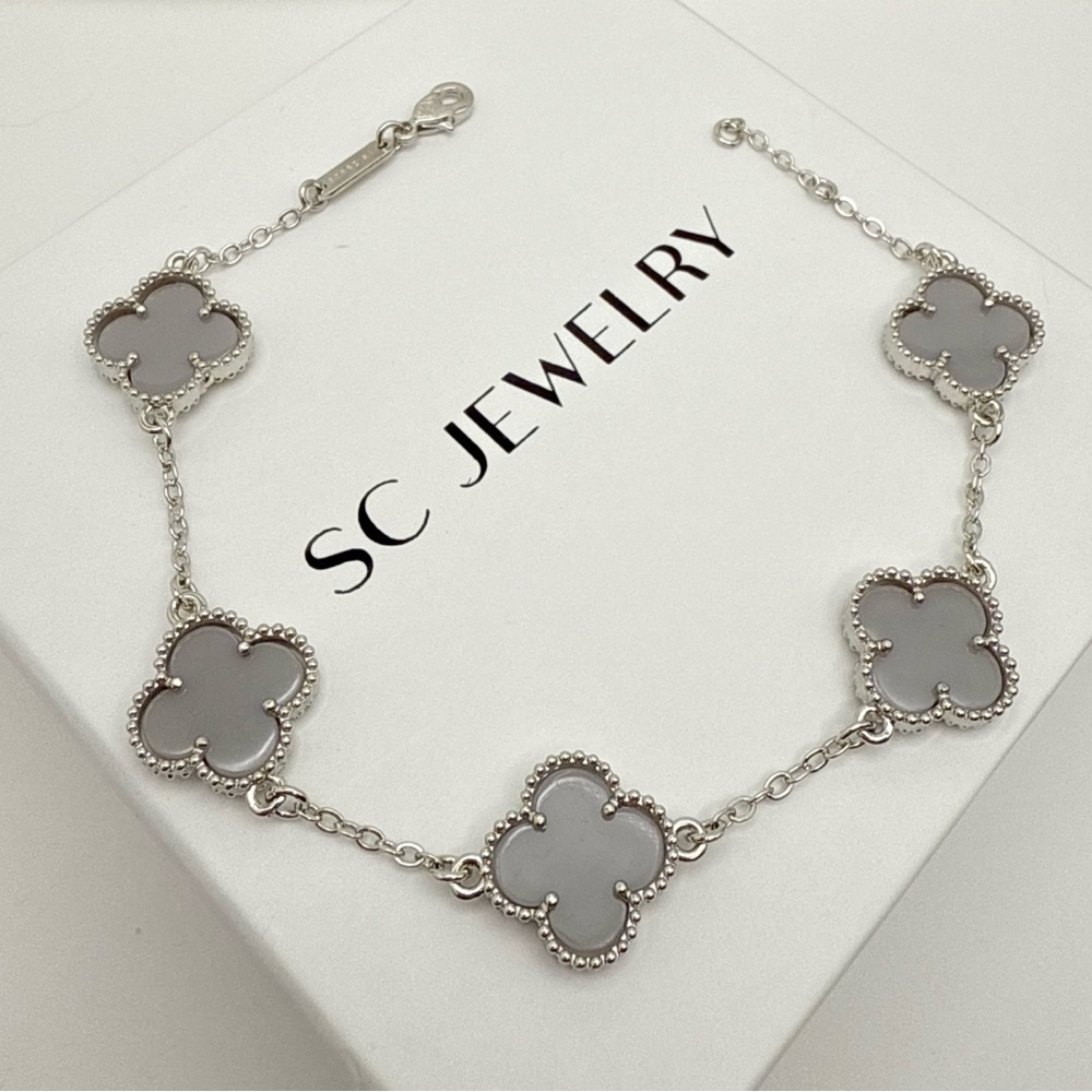 Clover Bracelet Grey Lab Onyx Stone Double Sided  Platinum Plated Lightweight